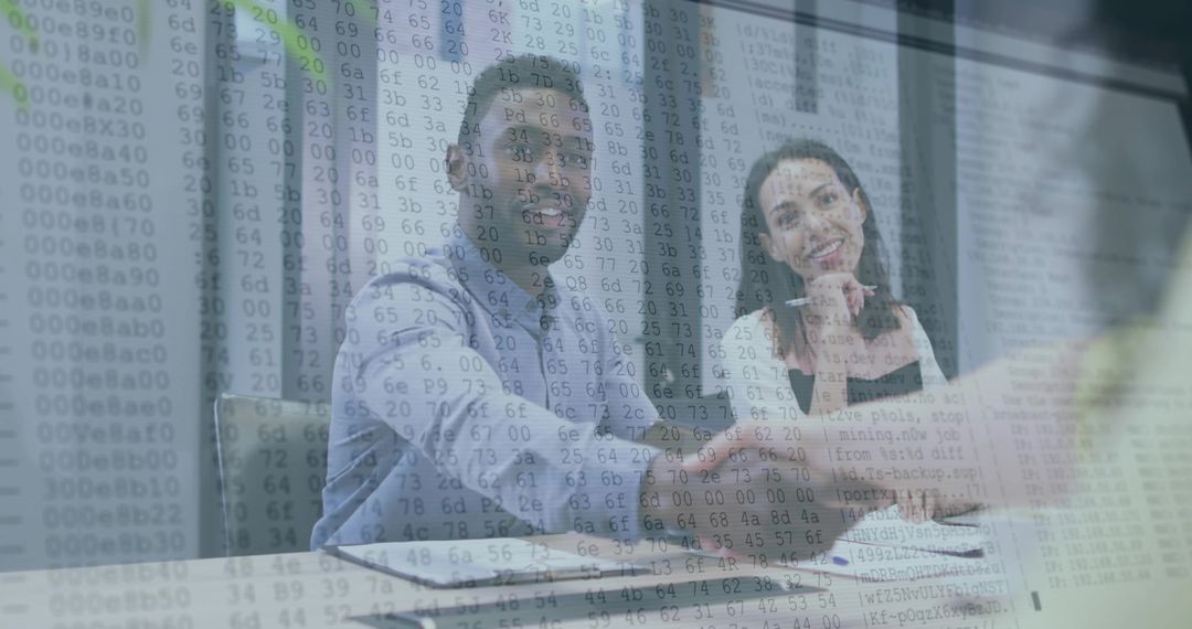 Business Agreement Handshake with Digital Code Overlay