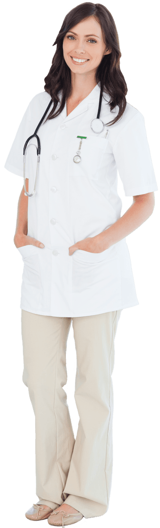 Transparent Confident Female Doctor Smiling with Stethoscope