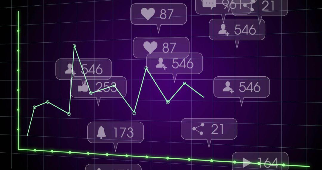 Visualizing social media engagement with neon analytics chart and interaction callouts