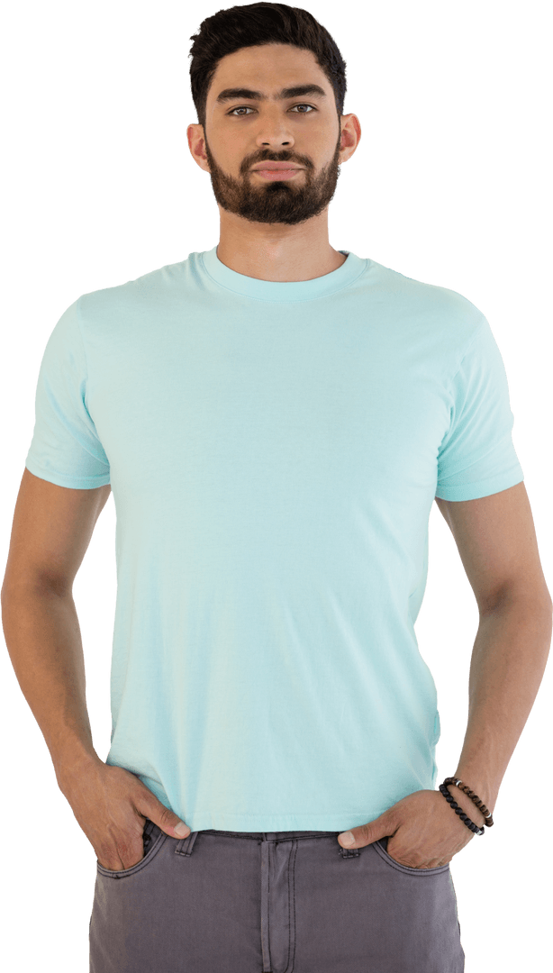 Confident Man in Transparent Background Wearing Aqua T-shirt