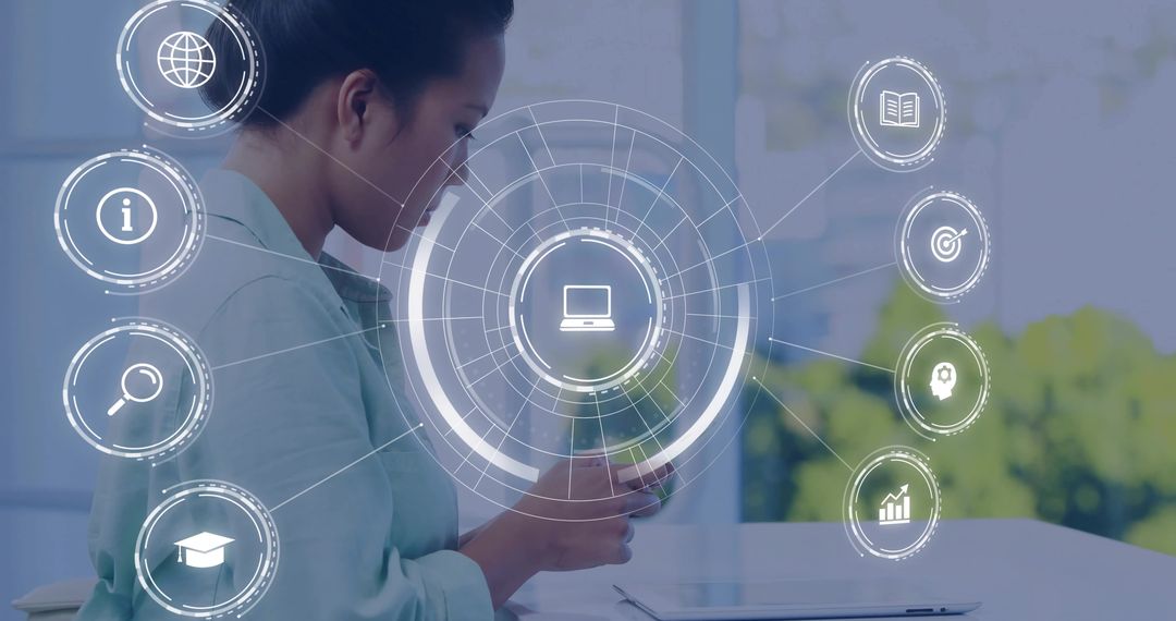 Asian Professional Using Holographic Interface for Futuristic Tasks in Office