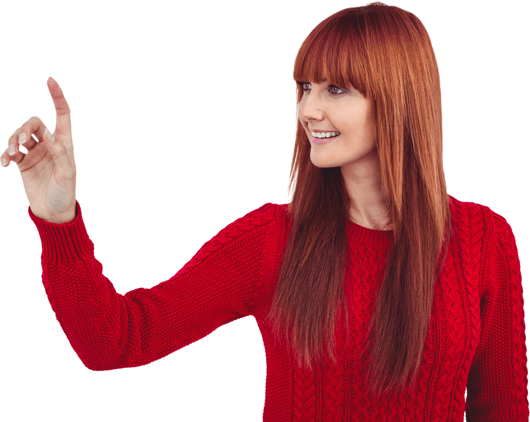 Smiling Woman in Red Sweater Pointing on Transparent Background
