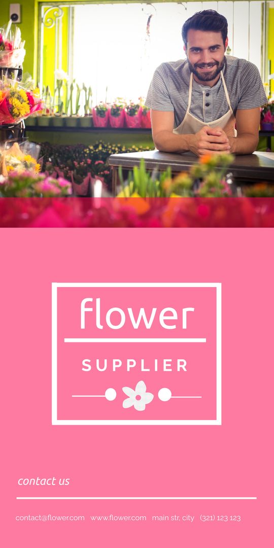 Cheerful Florist Surrounded by Vibrant Flowers Promoting Business - Download Free Stock Templates Pikwizard.com