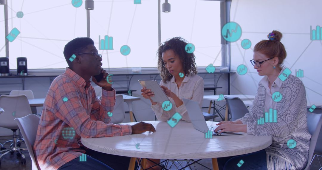 Diverse Team Collaborating with Digital Interface Visuals in Modern Office