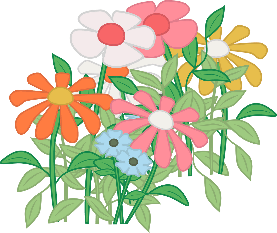 Vibrant Multicolored Flat Flowers on Transparent Background
