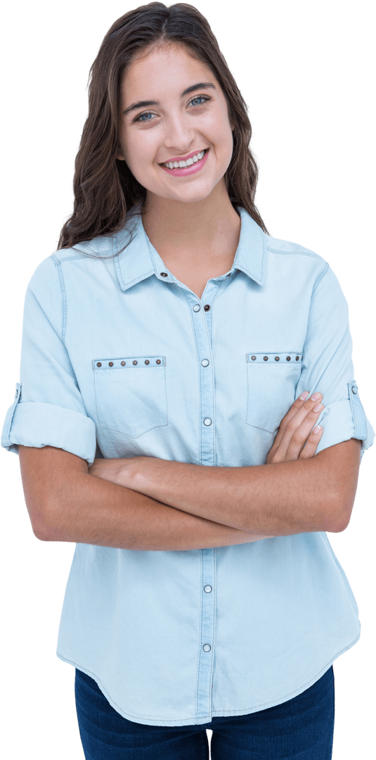 Transparent Young Woman Smiling with Crossed Arms