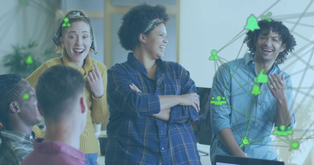 Diverse Colleagues Engaging in Creative Brainstorming with Digital Icons