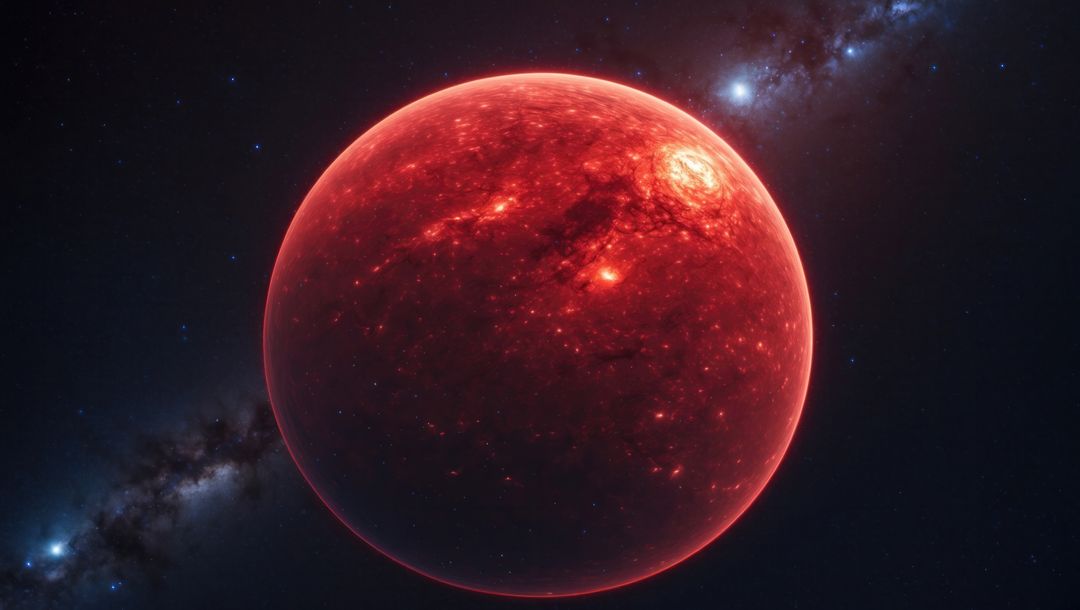 Molten red surface of betelgeuse in cosmic void, conceptual scene