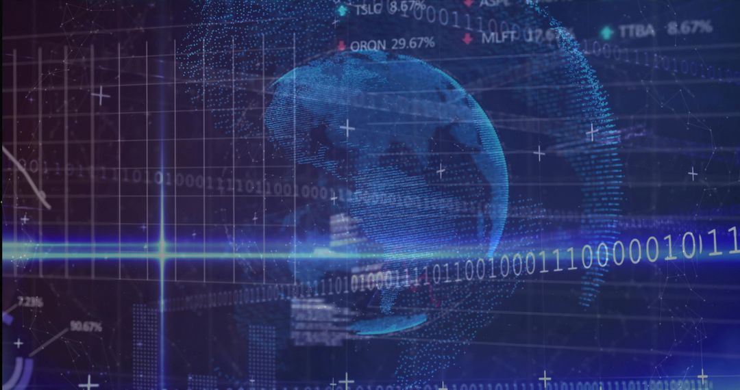 Rotating Digital Globe with Binary Streams and Futuristic Data HUD