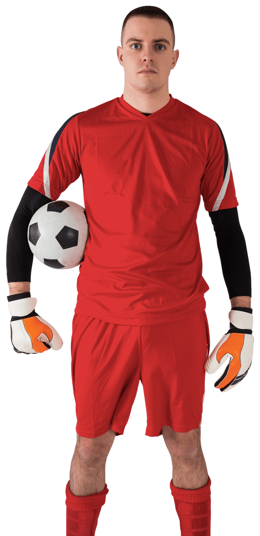 Confident Goalkeeper in Red Kit with Football on Transparent Background