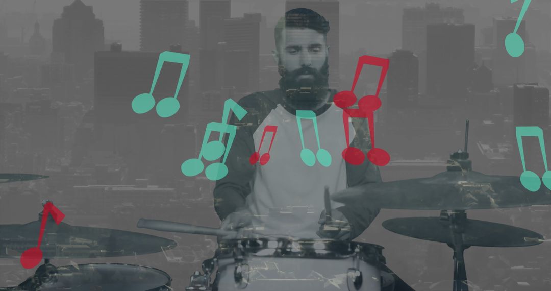 Bearded Drummer in Cityscape with Colorful Music Notes Overlay