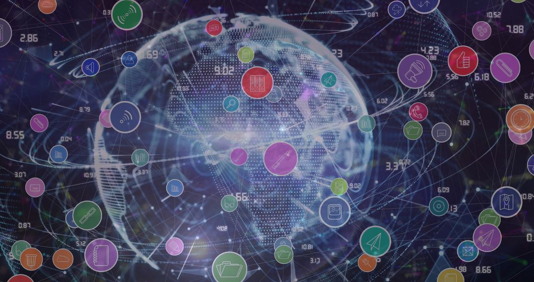 Global Digital Network Overlay with Tech Icons and Blue Background