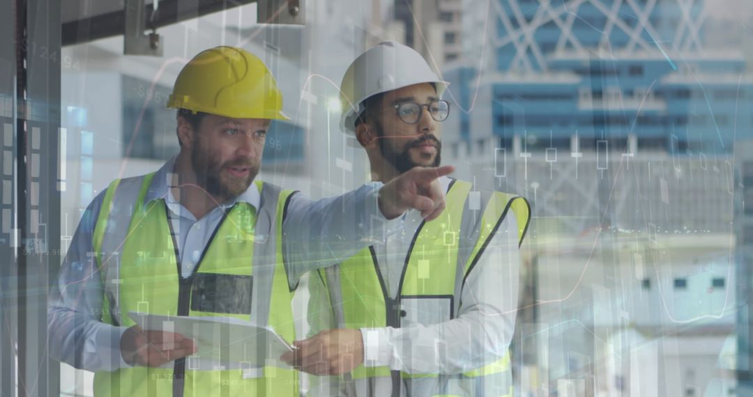 Architects Analyzing Designs with Technological Overlay at Construction Site