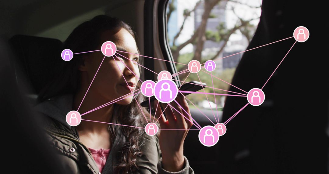 Woman Speaking into Smartphone in Backseat with Social Network Overlay for Rideshare Apps