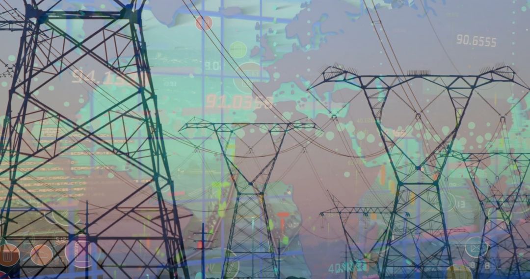 Financial Data Overlay on Electric Pylons Symbolizing Global Connectivity