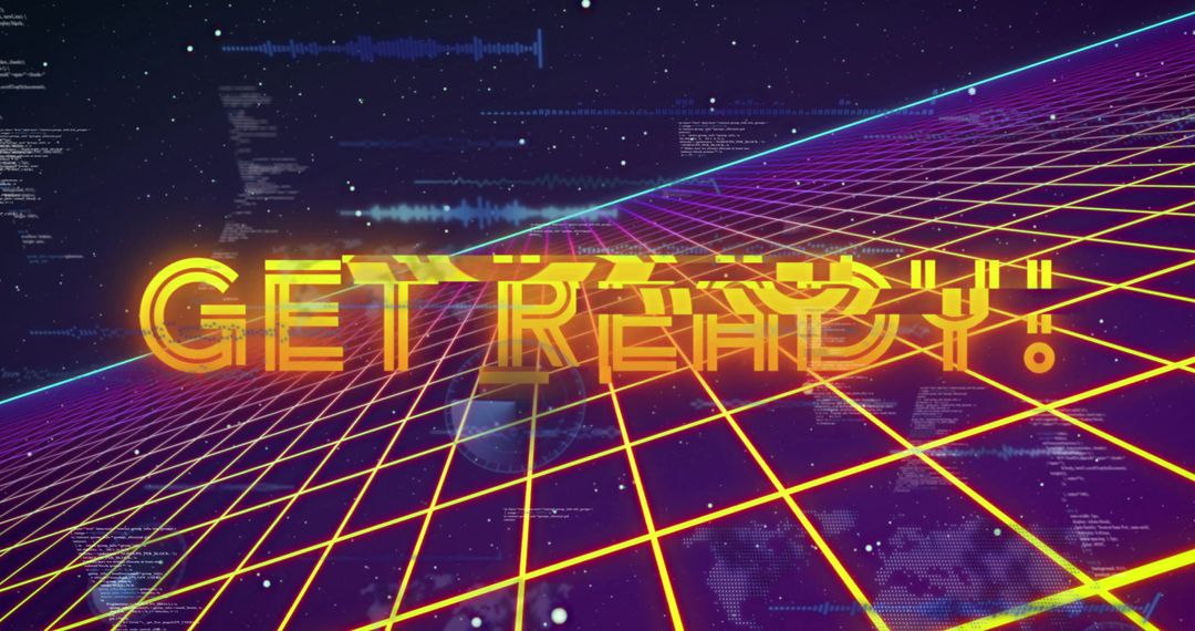 Futuristic Neon Grid with Get Ready Text in Retro 80s Style