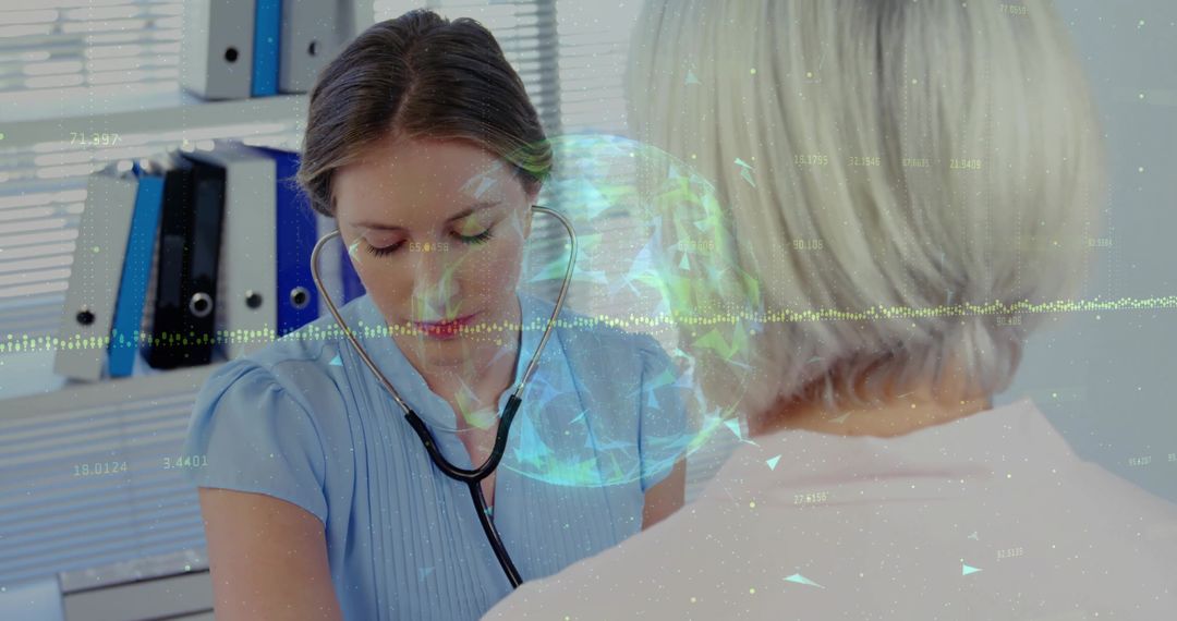 Doctor Examining Patient with Futuristic Globe and Data Overlay