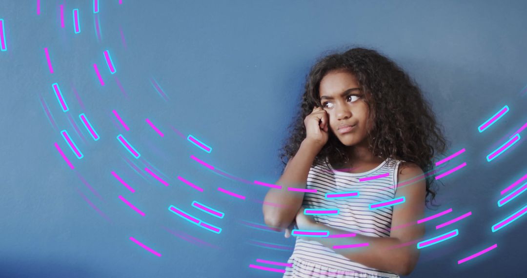 Thoughtful Young Girl Surrounded by Digital Flow Lines