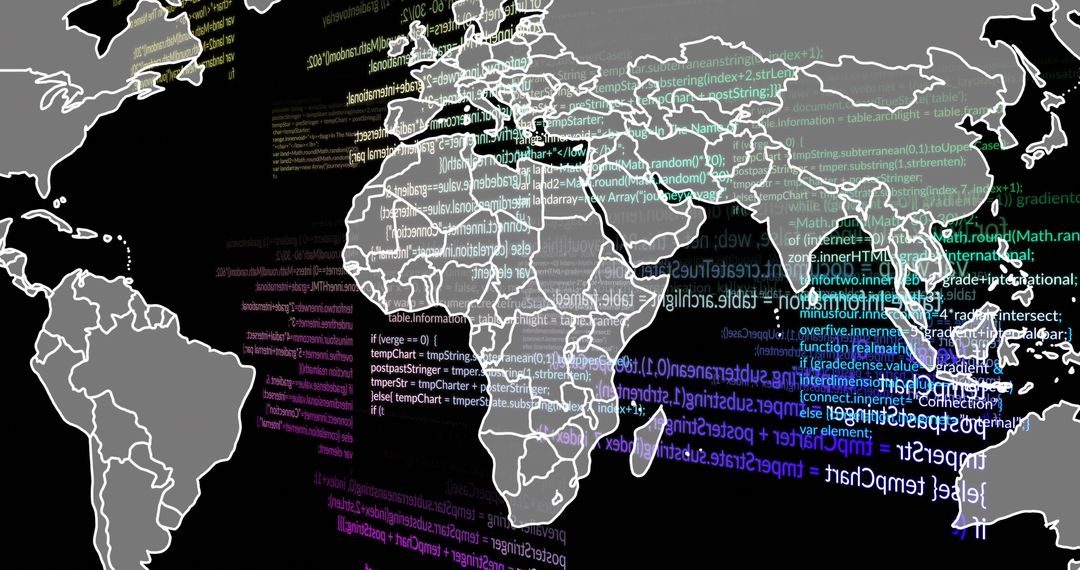World Map with Neon Code Overlays Symbolizing Digital Networks
