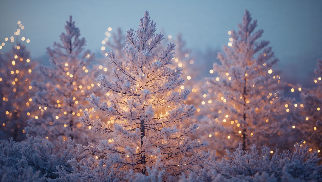 Glowing frost-coated firs wearing warm fairy lights at twilight bokeh winter wonderland