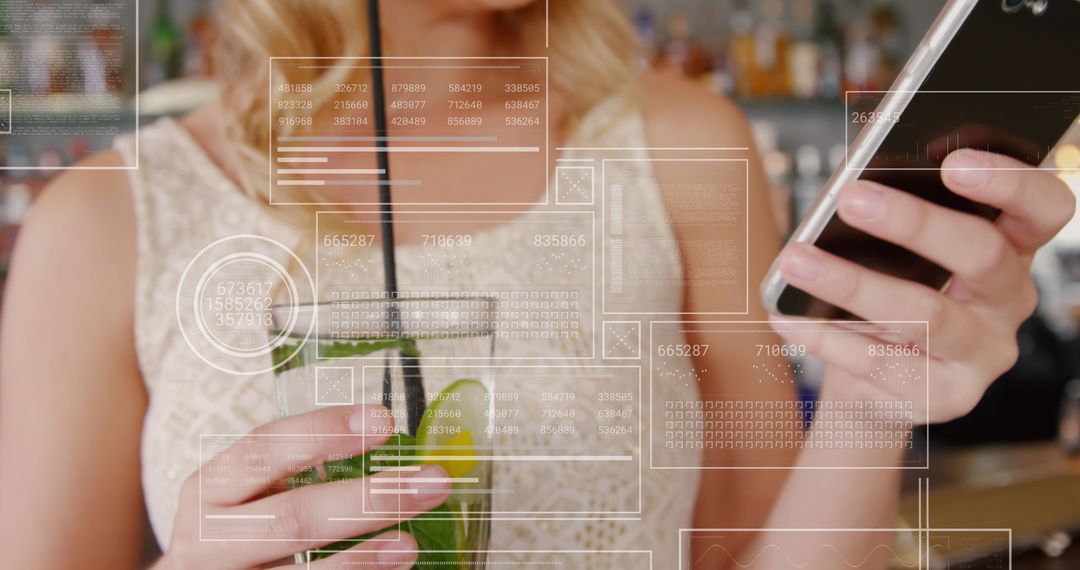 Woman Using Smartphone at Bar with Digital Interface Overlay