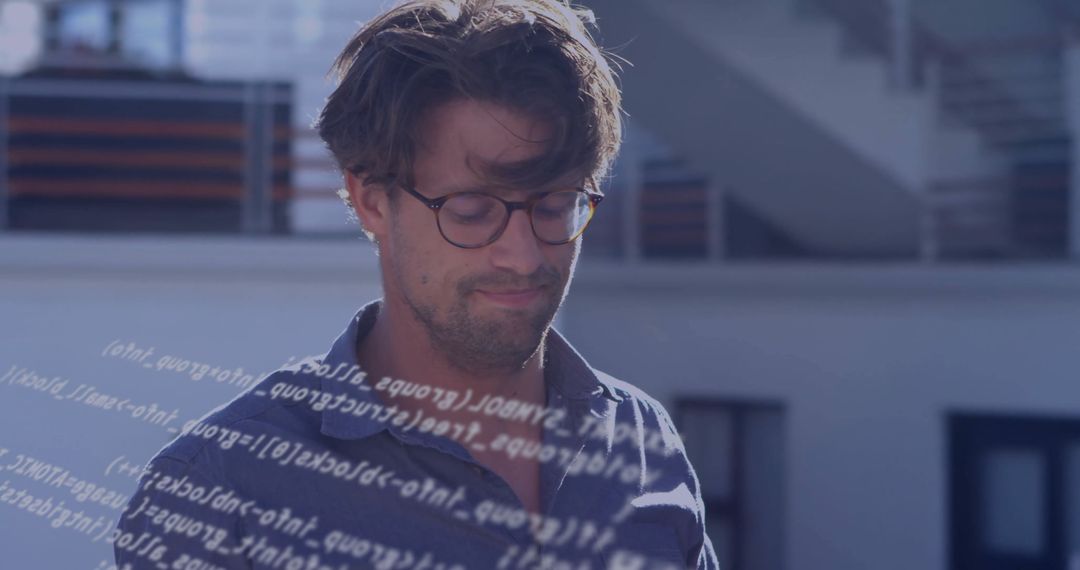Developer Analyzing Code Overlay on Urban Rooftop Terrace