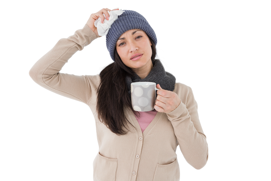 Sick Brunette Woman Holding Mug with Beanie and Scarf Isolated on Transparent Background - Download Free Stock Images Pikwizard.com