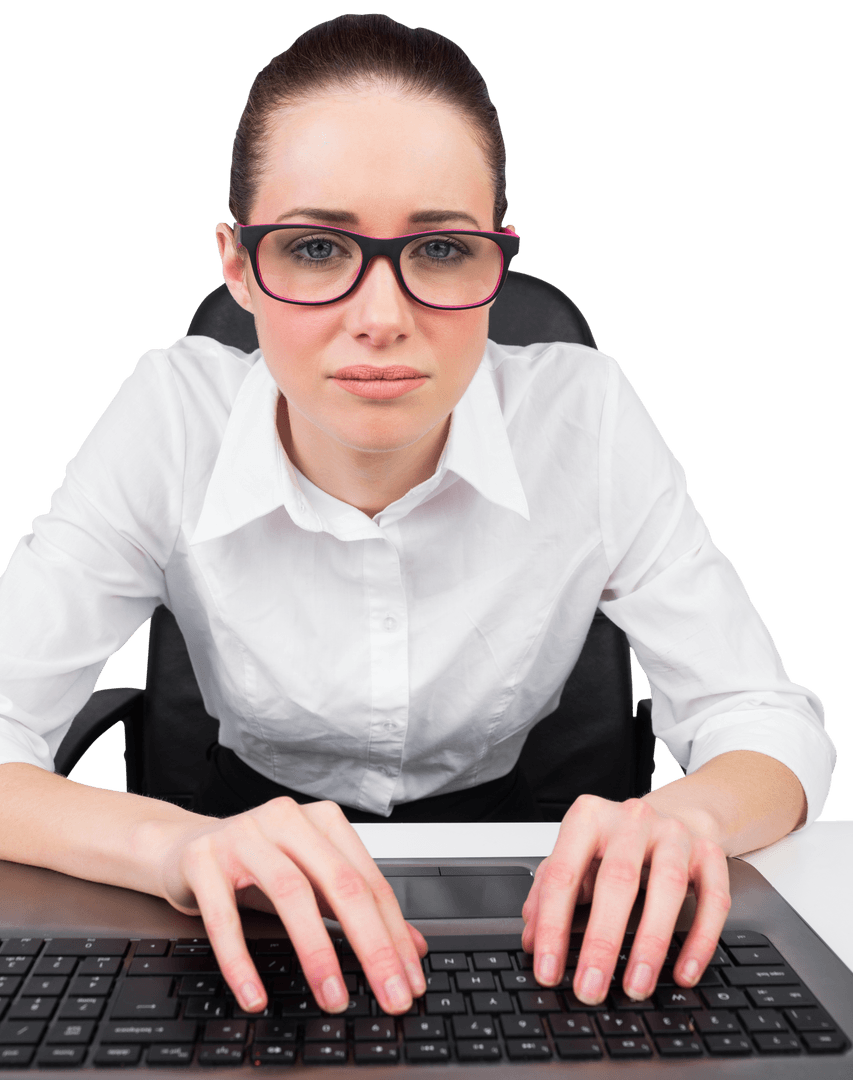 Confident Businesswoman Typing on Keyboard with Transparent Background