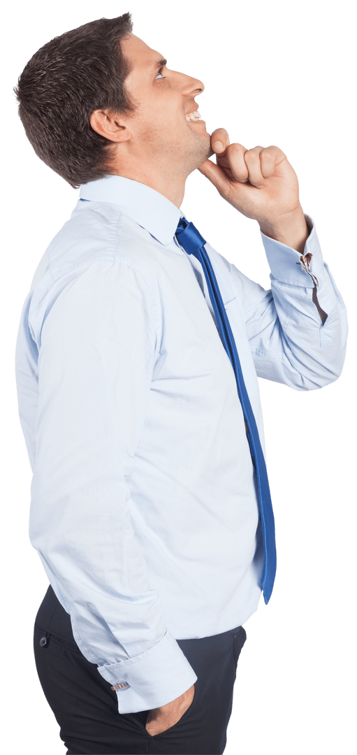 Transparent Thinking Businessman Touching Chin in Reflective Pose