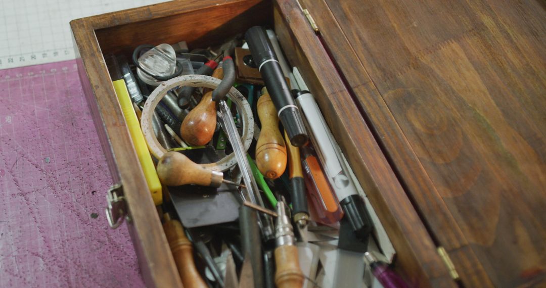 Close-Up of Leather Craft Tools in Wooden Box