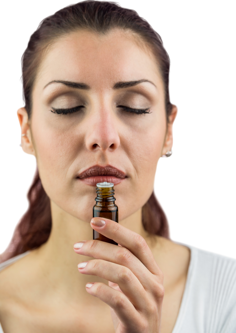 Woman Smelling Medicine Bottle with Closed Eyes on Transparent Background - Download Free Stock Images Pikwizard.com