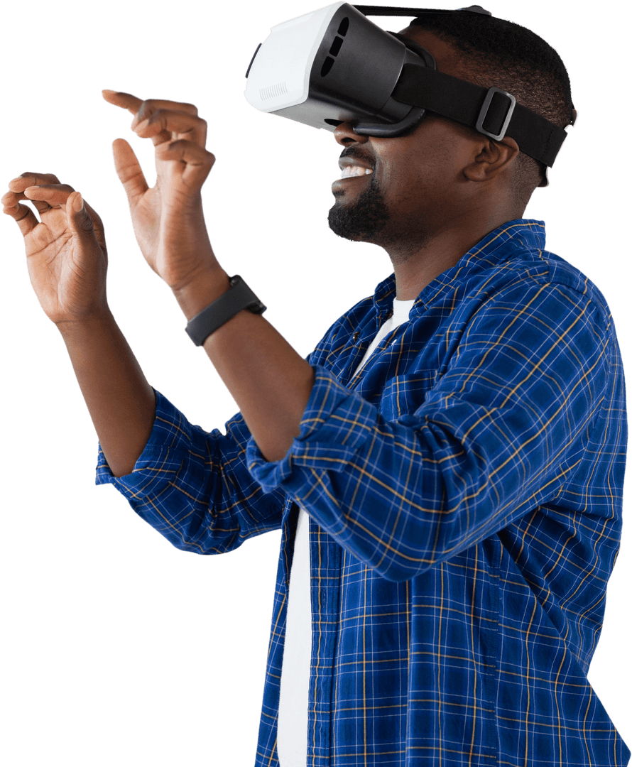 Enthusiastic Black Man Using VR Headset in Interactive Experience