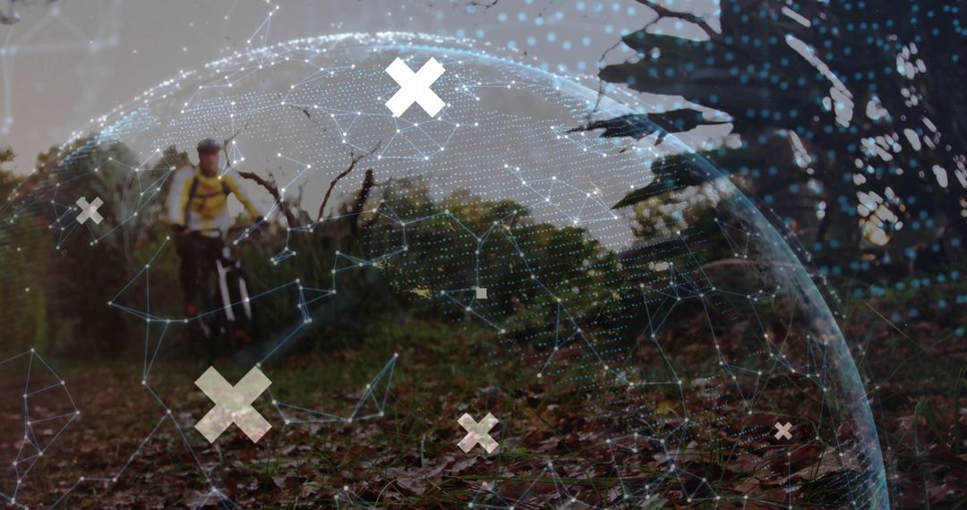 Cyclist Surrounded by Digital Hologram on Forest Pathway