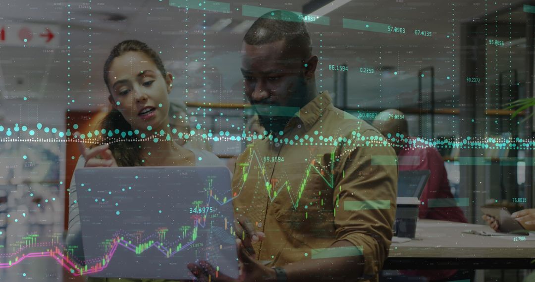 Diverse Professionals Analyzing Data with Technology Overlay