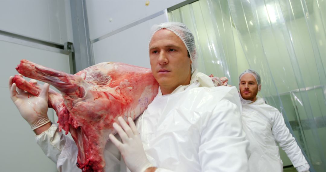 Butchers carrying large cut of raw meat in industrial cold storage facility - Free Images, Stock Photos and Pictures on Pikwizard.com