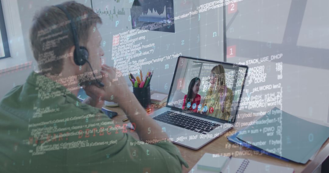 Work-from-Home Professional in Virtual Meeting with Code Overlay