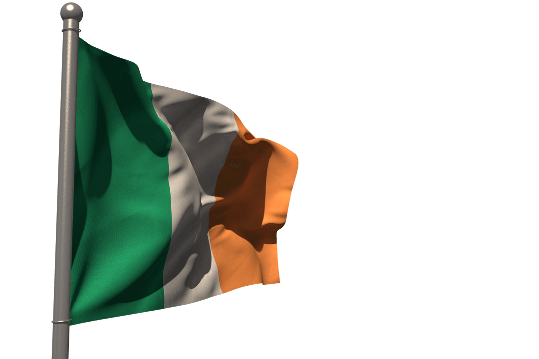 Irish National Flag on Transparent Background Waving in Wind