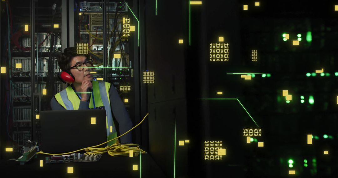 IT Engineer with Digital Circuit Overlay in Server Room