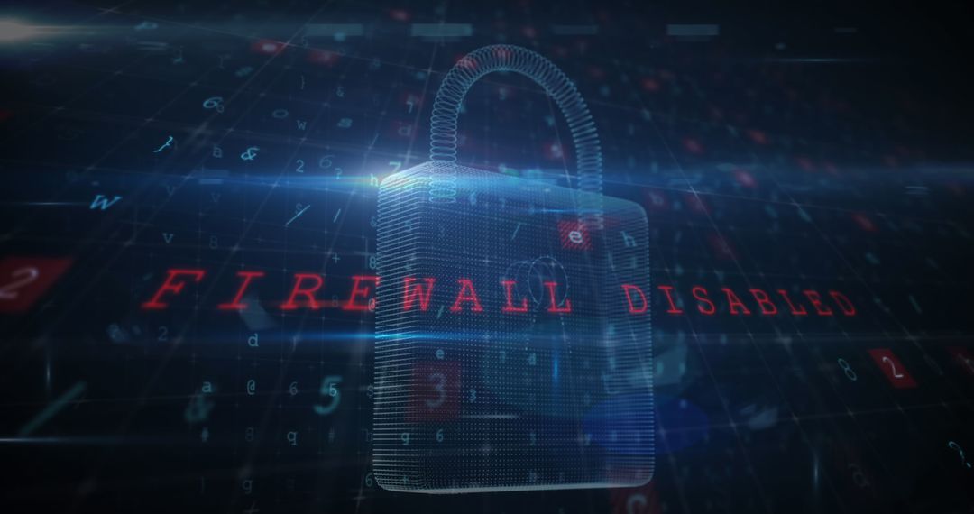 Digital Cybersecurity Padlock with Firewall Disabled Notice
