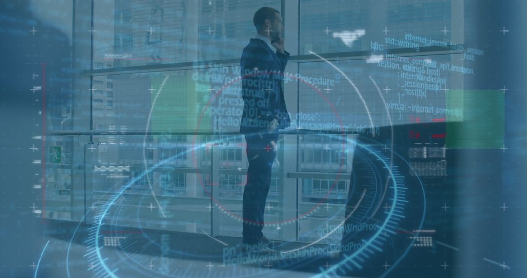 Caucasian Businessman Using Smartphone Amid Financial Data Overlay