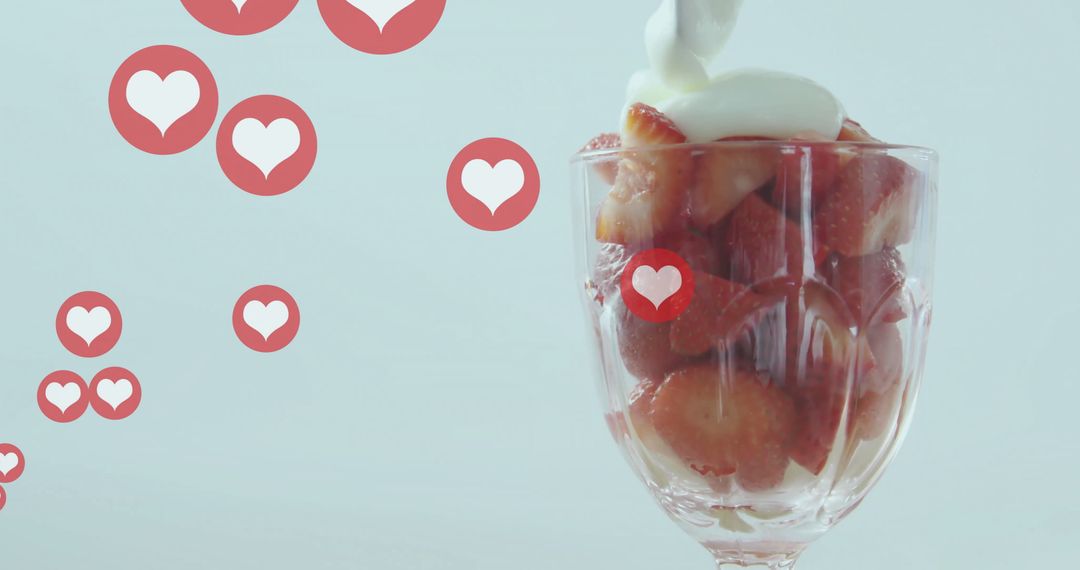 Juicy Strawberries with Cream and Heart Icons Floating