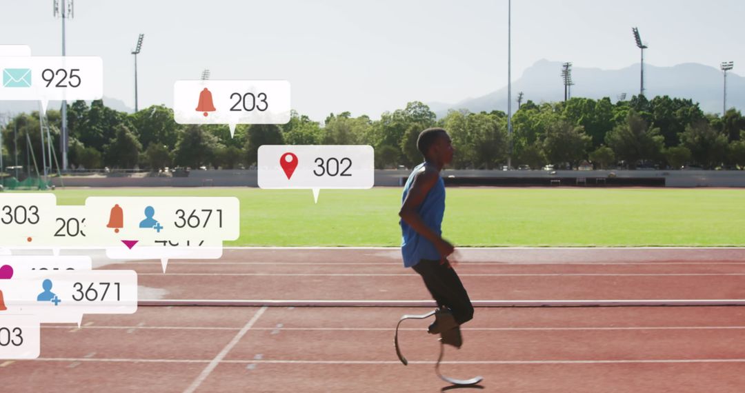 Athlete with Prosthetic Limbs Training on Track with Social Media Overlays