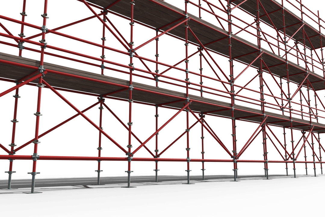Transparent red scaffolding structure with planks