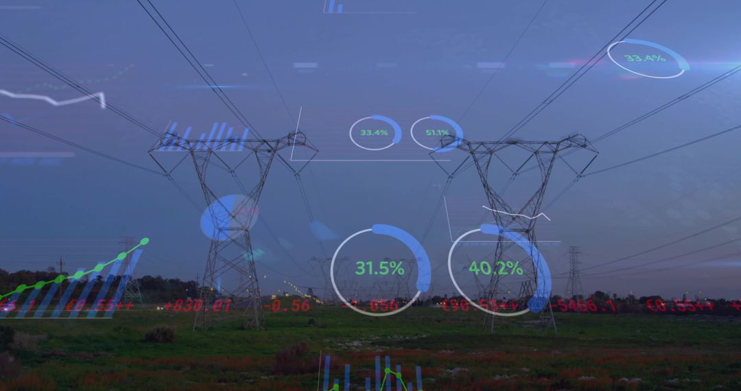 Smart grid data overlaying transmission towers and power lines at twilight