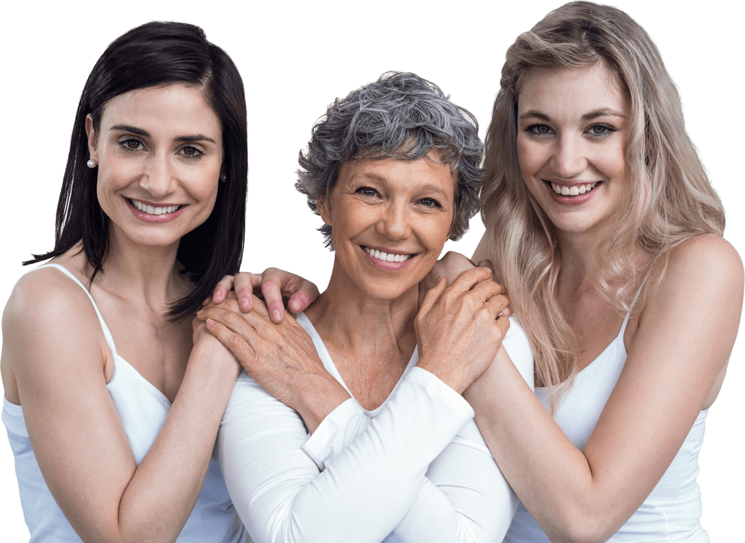 Three Smiling Caucasian Women Embracing on Transparent Background
