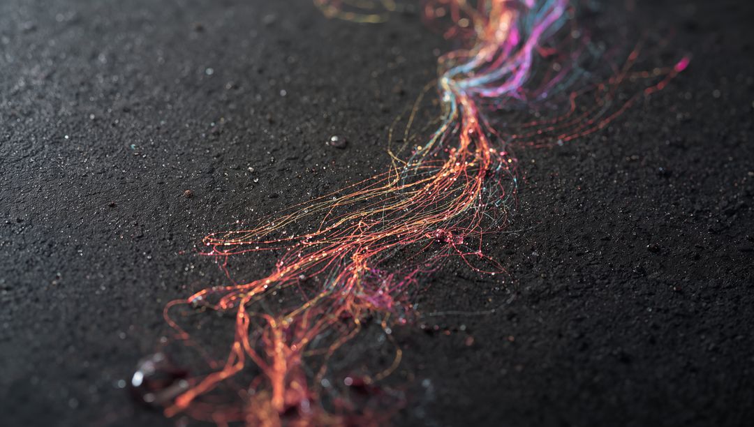 Glowing Multicolor Fiber Stream Flowing Across Dark Textured Surface