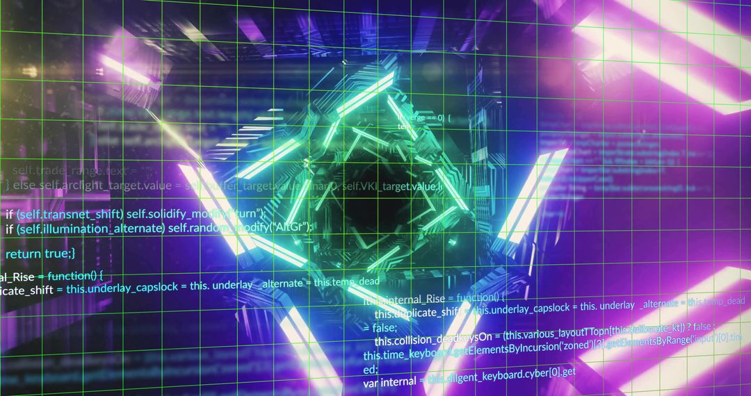 Glowing Neon Polyhedron Rotating in Cyber Grid with Holographic Code and Magenta Bars