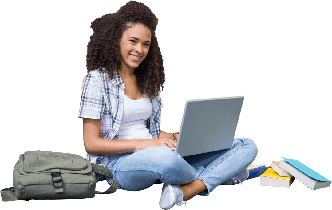 Transparent Young Student Studying with Laptop and Books