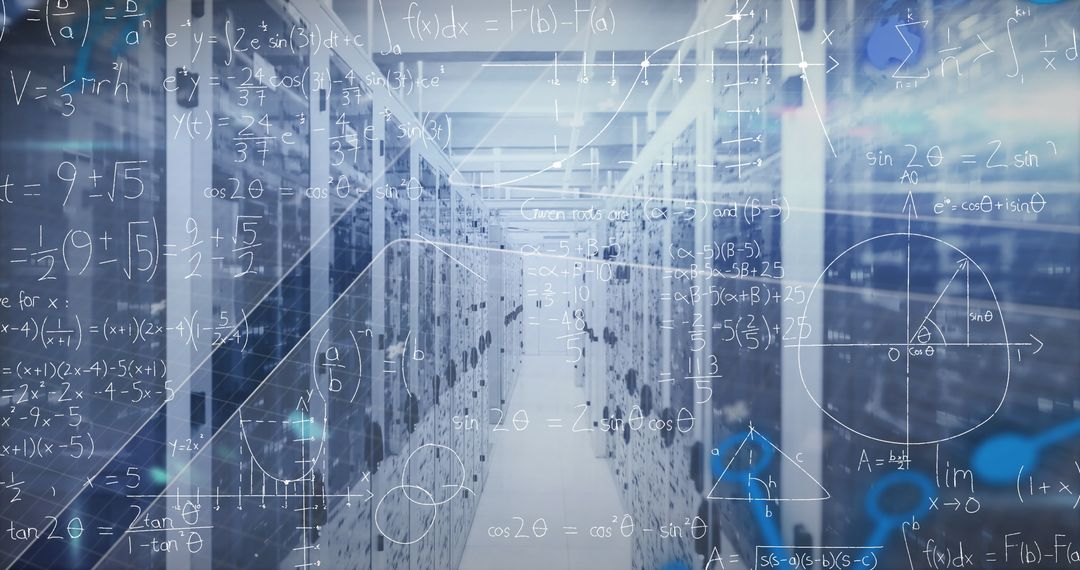 Futuristic Data Processing in High-Tech Server Room with Mathematical Formulas - Free Images, Stock Photos and Pictures on Pikwizard.com