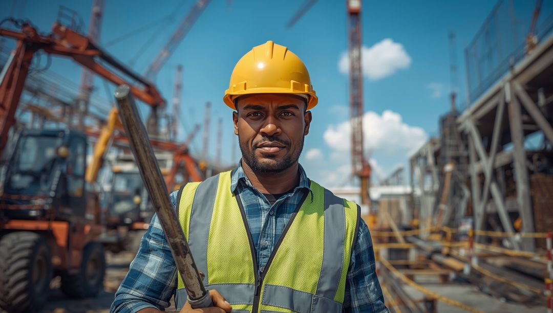 Confident Construction Worker With Safety Gear Holding Pipe at Busy Site